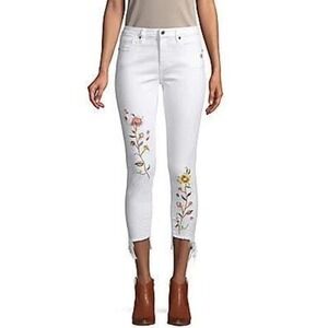 Miss Me Jeans Womens 28 White Ankle Skinny Floral Embroidered Raw Hem Shark Bite